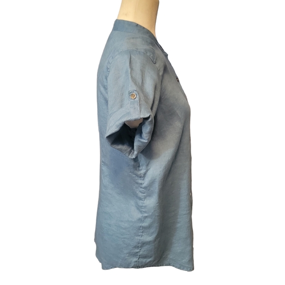 J.Jill Linen Blouse Buttondown Short Sleeve Blue  Casual Career Womens Small - Picture 7 of 11